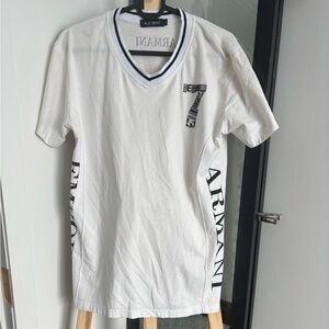Armani Jeans White V-neck Tee with Black Trim and Print